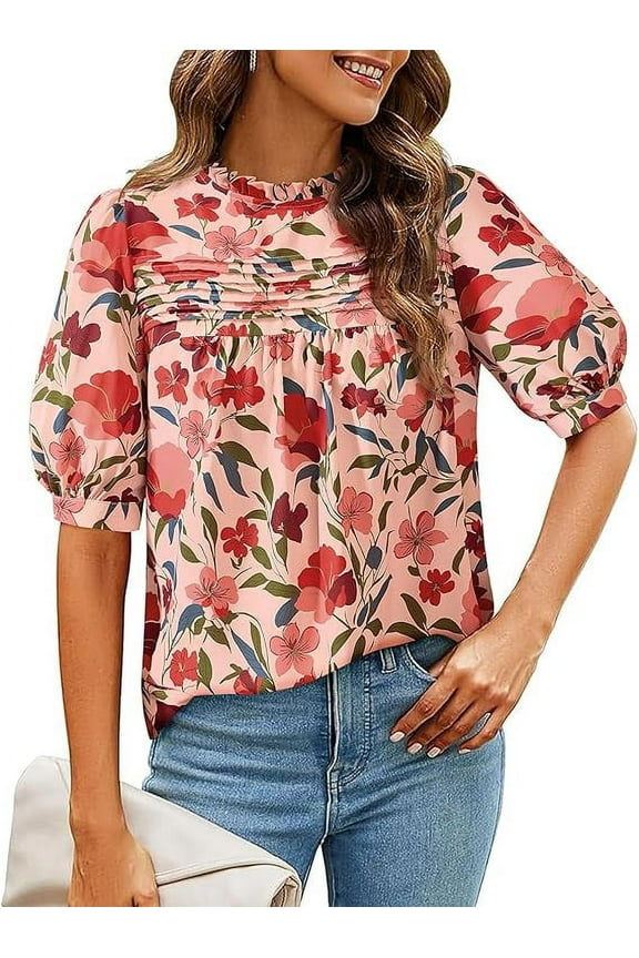 Floral Tops for Women Blouses Dressy Casual Summer Trendy Outfits Boho Pleated Short Sleeve Shirts