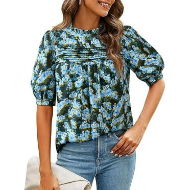 PRETTYGARDEN Floral Tops for Women Blouses Dressy Casual Summer Trendy Outfits Boho Pleated Short Sleeve Shirts