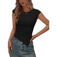 thumbnail image 1 of PRETTYGARDEN Going Out Tops for Women Trendy Cap Sleeve Crewneck Ruched Slim Fit Ribbed Knit Tanks Casual Fashion Asymmetrical Tee Shirts, 1 of 7