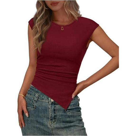 PRETTYGARDEN Going Out Tops for Women Trendy Cap Sleeve Crewneck Ruched Slim Fit Ribbed Knit Tanks Casual Fashion Asymmetrical Tee Shirts