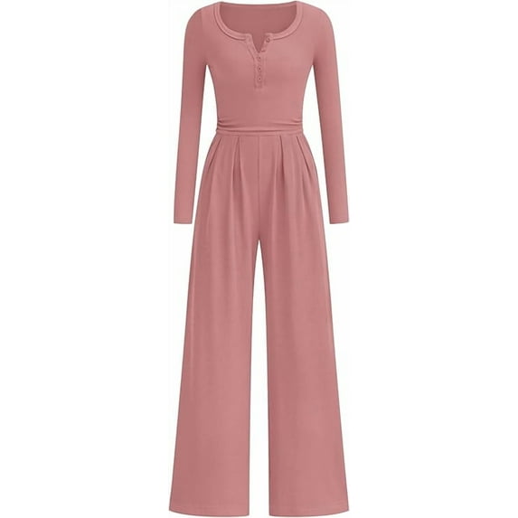 PRETTYGARDEN Jumpsuits for Women Dressy Casual Fall One Piece Outfits Long Sleeve Crew Neck Wide Leg Pants Rompers