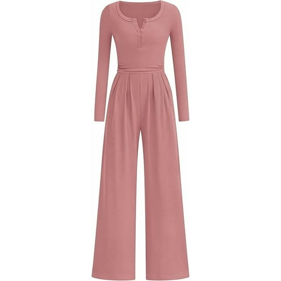PRETTYGARDEN Jumpsuits for Women Dressy Casual Fall One Piece Outfits Long Sleeve Crew Neck Wide Leg Pants Rompers