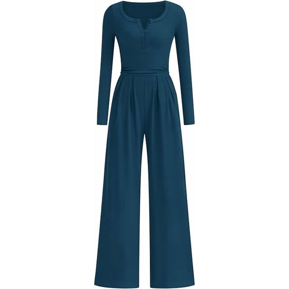 PRETTYGARDEN Jumpsuits for Women Dressy Casual Fall One Piece Outfits Long Sleeve Crew Neck Wide Leg Pants Rompers