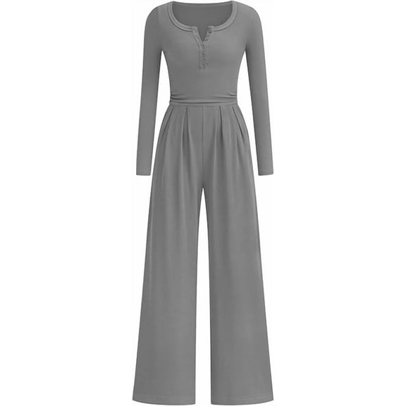 PRETTYGARDEN Jumpsuits for Women Dressy Casual Fall One Piece Outfits Long Sleeve Crew Neck Wide Leg Pants Rompers