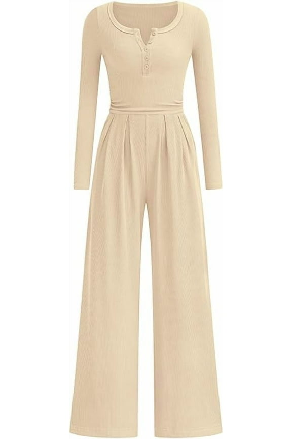 Jumpsuits for Women Dressy Casual Fall One Piece Outfits Long Sleeve Crew Neck Wide Leg Pants Rompers