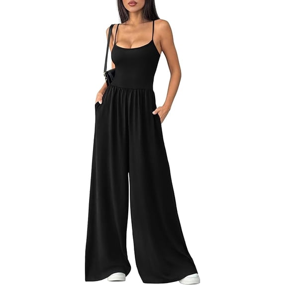 PRETTYGARDEN Jumpsuits for Women Sleeveless Strap Wide Leg Date Night Rompers Beach Vacation One Piece Summer Outfits