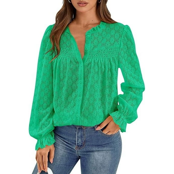 PRETTYGARDEN Lace Long Sleeve Tops for Women Eyelet Blouses Dressy Casual Hollow Out Button Down Shirts Spring Fashion