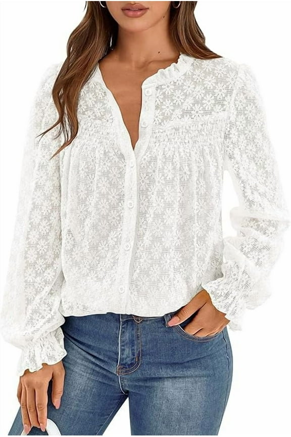 Lace Long Sleeve Tops for Women Eyelet Blouses Dressy Casual Hollow Out Button Down Shirts Spring Fashion