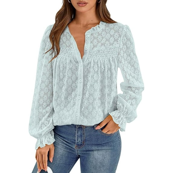 PRETTYGARDEN Lace Long Sleeve Tops for Women Eyelet Blouses Dressy Casual Hollow Out Button Down Shirts Spring Fashion