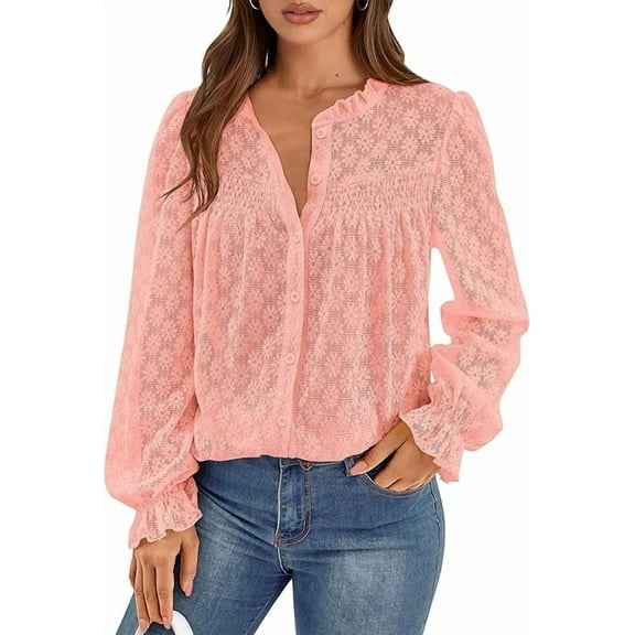 PRETTYGARDEN Lace Long Sleeve Tops for Women Eyelet Blouses Dressy Casual Hollow Out Button Down Shirts Spring Fashion