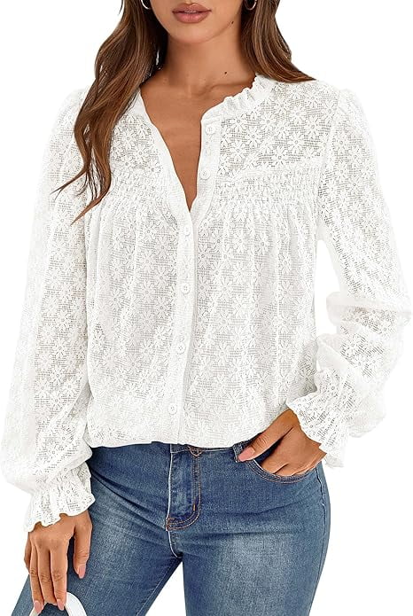 PRETTYGARDEN Lace Long Sleeve Tops for Women Eyelet Blouses