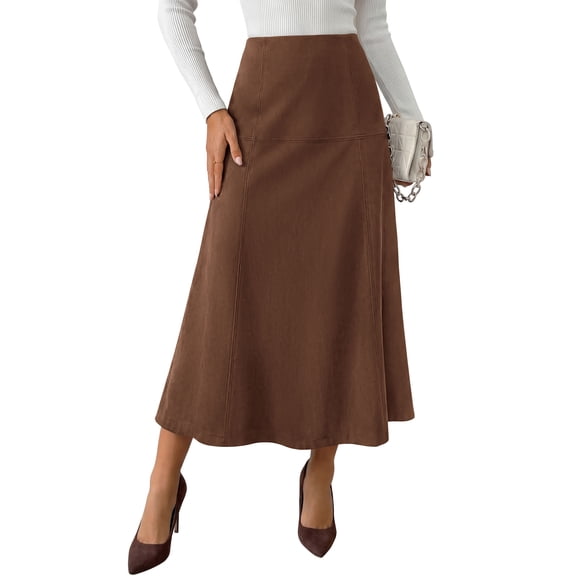 PRETTYGARDEN Womens High Waist Faux Suede A Line Midi Skirt | Hidden Stretch Elastic Waist, Front Back Panel Stitching, Vintage Elegant Mid-Calf Long Skirts for Fall Winter Office Daily