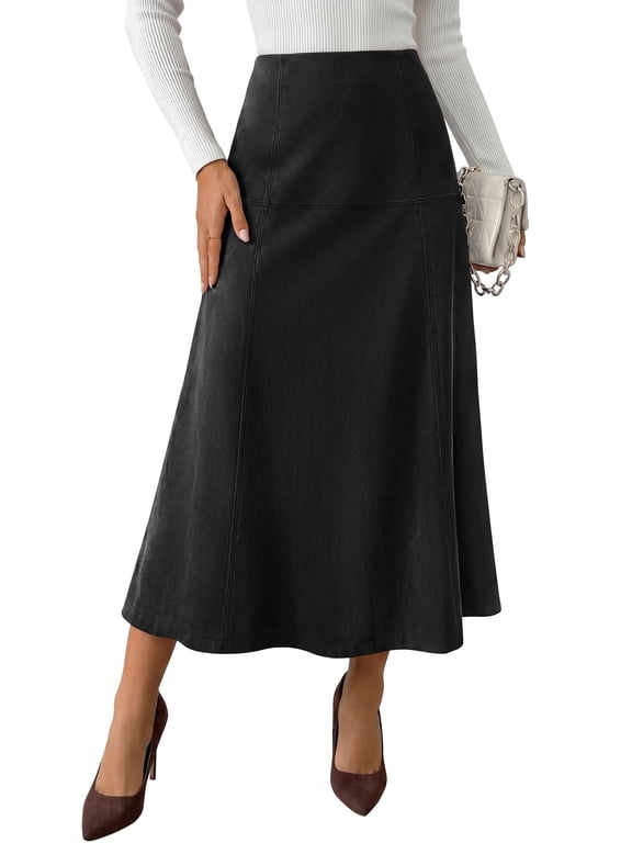 Womens High Waist Faux Suede A Line Midi Skirt | Hidden Stretch Elastic Waist, Front Back Panel Stitching, Vintage Elegant Mid-Calf Long Skirts for Fall Winter Office Daily