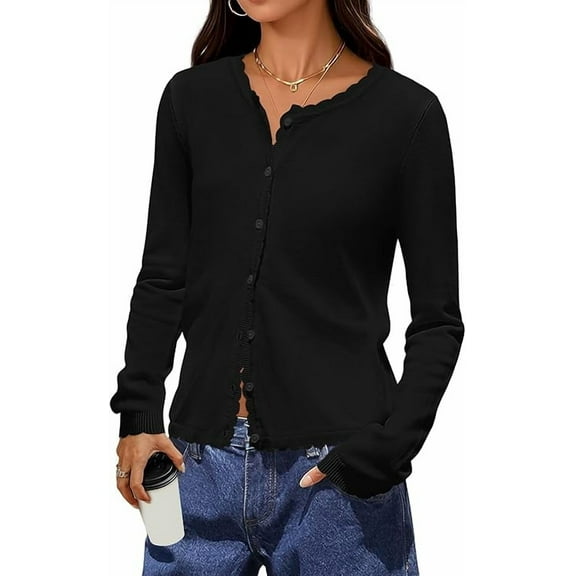 PRETTYGARDEN Long Sleeve Cardigan Sweaters for Women Lightweight Scalloped Ribbed Knit Sweater Women Fall Clothes