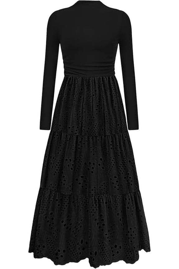 Long Sleeve Dress for Women Fall Eyelet Mock Neck A Line Elegant Classy Maxi Wedding Guest Dresses Pockets