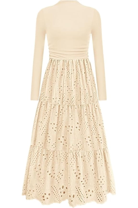 Long Sleeve Dress for Women Fall Eyelet Mock Neck A Line Elegant Classy Maxi Wedding Guest Dresses Pockets