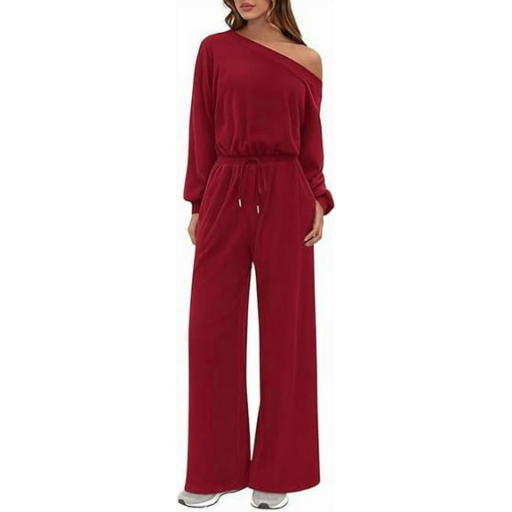 PRETTYGARDEN Long Sleeve Jumpsuit For Women Dressy Off Shoulder One Piece Loose Wide Leg Jumpsuits Casual Flowy Romper
