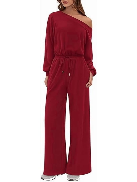 Long Sleeve Jumpsuit For Women Dressy Off Shoulder One Piece Loose Wide Leg Jumpsuits Casual Flowy Romper