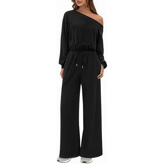 PRETTYGARDEN Long Sleeve Jumpsuit For Women Dressy Off Shoulder One Piece Loose Wide Leg Jumpsuits Casual Flowy Romper