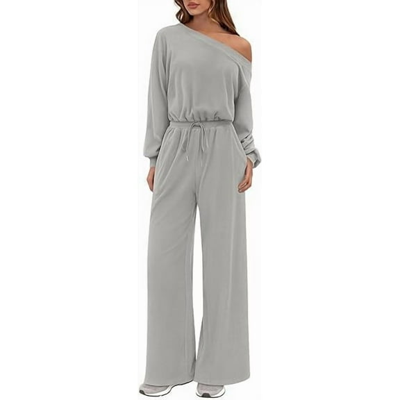 PRETTYGARDEN Long Sleeve Jumpsuit For Women Dressy Off Shoulder One Piece Loose Wide Leg Jumpsuits Casual Flowy Romper