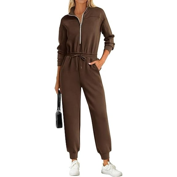 PRETTYGARDEN Long Sleeve Jumpsuits for Women Casual Fall Fashion Zip Up Pant Rompers One Piece Sweatsuits Travel Outfits