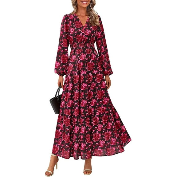 PRETTYGARDEN Long Sleeve Maxi Fall Dresses for Women V Neck Smocked Boho Floral Tiered Swing Flowy Wedding Guest Dress