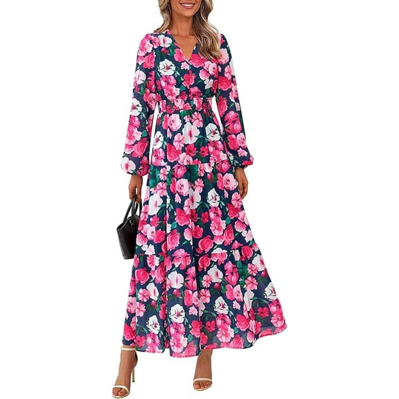 PRETTYGARDEN Long Sleeve Maxi Fall Dresses for Women V Neck Smocked Boho Floral Tiered Swing Flowy Wedding Guest Dress