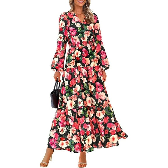 PRETTYGARDEN Long Sleeve Maxi Fall Dresses for Women V Neck Smocked Boho Floral Tiered Swing Flowy Wedding Guest Dress