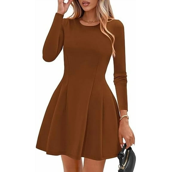 PRETTYGARDEN Long Sleeve Mini Dress for Women Fall Crewneck Knit Pleated Babydoll A Line Soft Casual Short Party Dresses