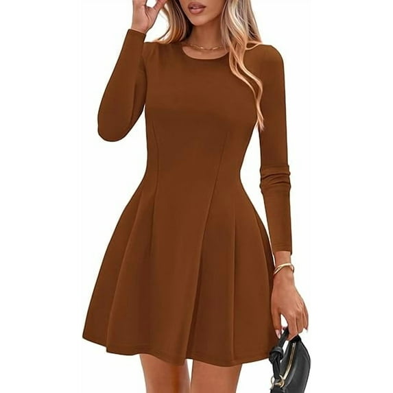 PRETTYGARDEN Long Sleeve Mini Dress for Women Fall Crewneck Knit Pleated Babydoll A Line Soft Casual Short Party Dresses