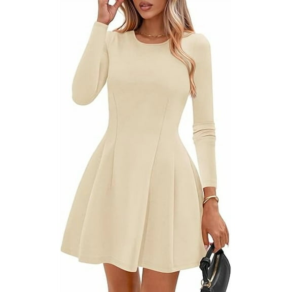 PRETTYGARDEN Long Sleeve Mini Dress for Women Fall Crewneck Knit Pleated Babydoll A Line Soft Casual Short Party Dresses