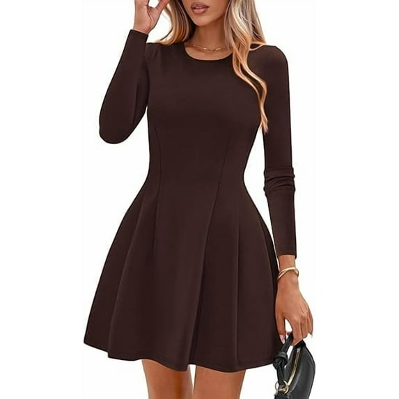 PRETTYGARDEN Long Sleeve Mini Dress for Women Fall Crewneck Knit Pleated Babydoll A Line Soft Casual Short Party Dresses