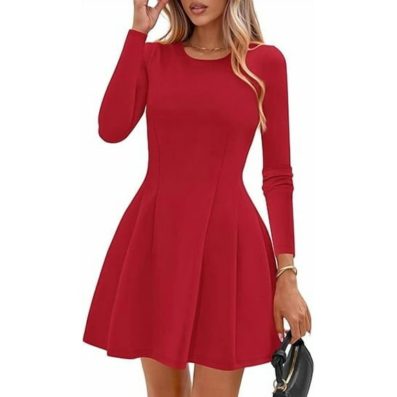 PRETTYGARDEN Long Sleeve Mini Dress for Women Fall Crewneck Knit Pleated Babydoll A Line Soft Casual Short Party Dresses