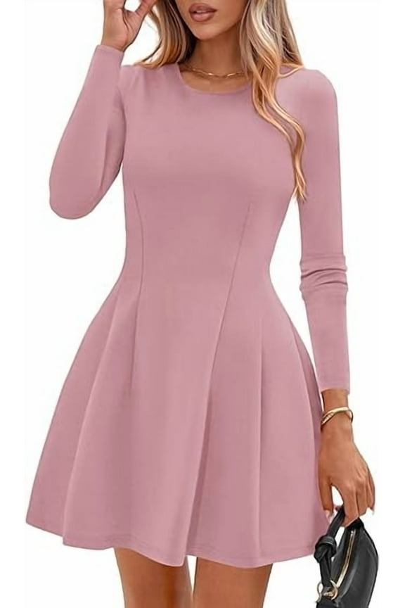 Long Sleeve Mini Dress for Women Fall Crewneck Knit Pleated Babydoll A Line Soft Casual Short Party Dresses