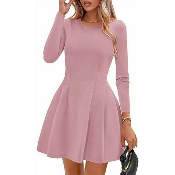 PRETTYGARDEN Long Sleeve Mini Dress for Women Fall Crewneck Knit Pleated Babydoll A Line Soft Casual Short Party Dresses