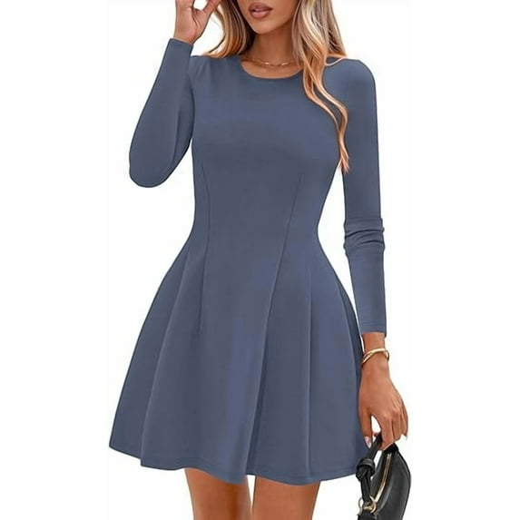 PRETTYGARDEN Long Sleeve Mini Dress for Women Fall Crewneck Knit Pleated Babydoll A Line Soft Casual Short Party Dresses