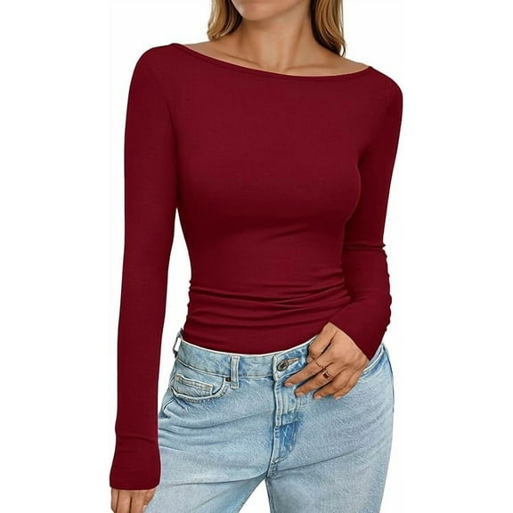 PRETTYGARDEN Long Sleeve Shirts for Women Fall Boat Neck Ribbed Knit Ruched Fitted Going Out Tops Casual Basic Tees