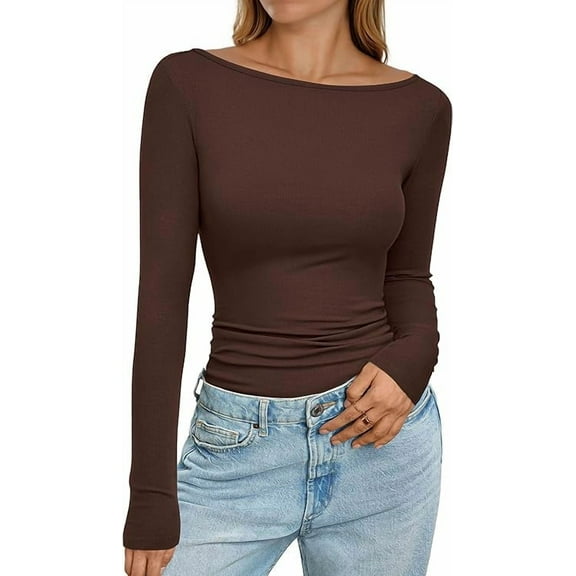 PRETTYGARDEN Long Sleeve Shirts for Women Fall Boat Neck Ribbed Knit Ruched Fitted Going Out Tops Casual Basic Tees