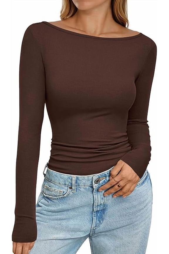 Long Sleeve Shirts for Women Fall Boat Neck Ribbed Knit Ruched Fitted Going Out Tops Casual Basic Tees