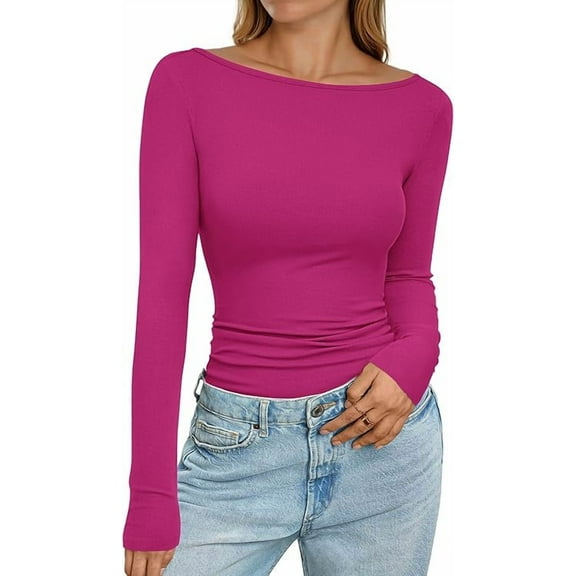PRETTYGARDEN Long Sleeve Shirts for Women Fall Boat Neck Ribbed Knit Ruched Fitted Going Out Tops Casual Basic Tees