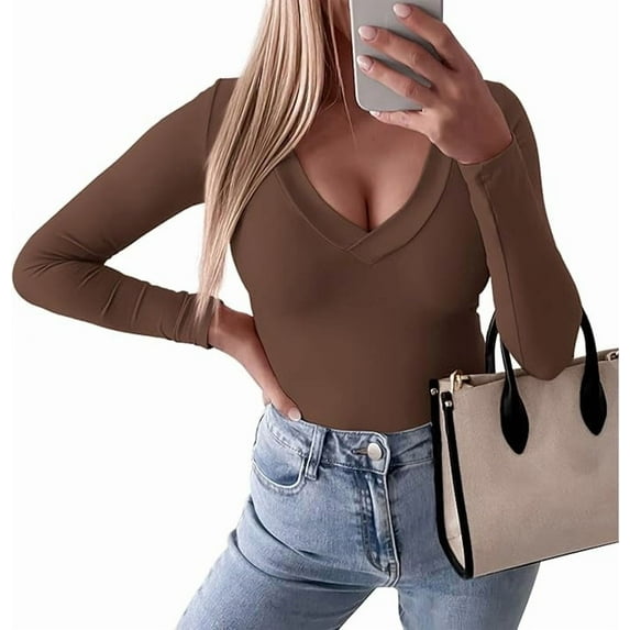 PRETTYGARDEN Long Sleeve Shirts for Women Fall Fashion Going Out Tops Basic Casual V Neck Slim Fitted Y2K Clothes