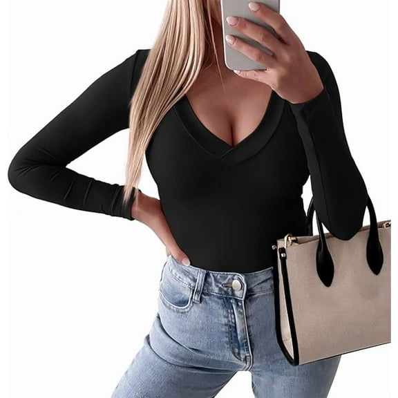 PRETTYGARDEN Long Sleeve Shirts for Women Fall Fashion Going Out Tops Basic Casual V Neck Slim Fitted Y2K Clothes