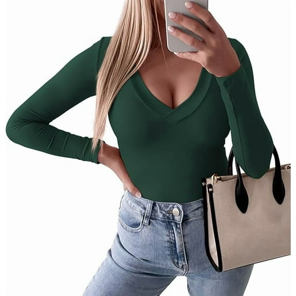 PRETTYGARDEN Long Sleeve Shirts for Women Fall Fashion Going Out Tops Basic Casual V Neck Slim Fitted Y2K Clothes