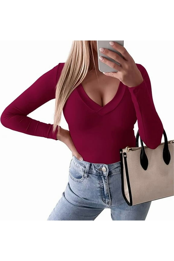 Long Sleeve Shirts for Women Fall Fashion Going Out Tops Basic Casual V Neck Slim Fitted Y2K Clothes