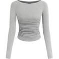 thumbnail image 1 of PRETTYGARDEN Long Sleeve Shirts for Women Fall Ruched Sides Boat Neck Basic Tee Casual Fitted Ribbed Knit Crop Tops, 1 of 6