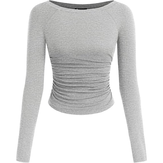 PRETTYGARDEN Long Sleeve Shirts for Women Fall Ruched Sides Boat Neck Basic Tee Casual Fitted Ribbed Knit Crop Tops