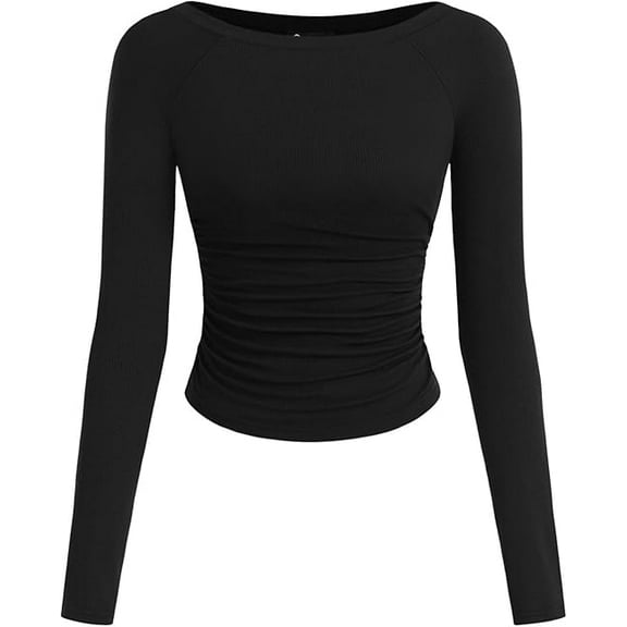 PRETTYGARDEN Long Sleeve Shirts for Women Fall Ruched Sides Boat Neck Basic Tee Casual Fitted Ribbed Knit Crop Tops