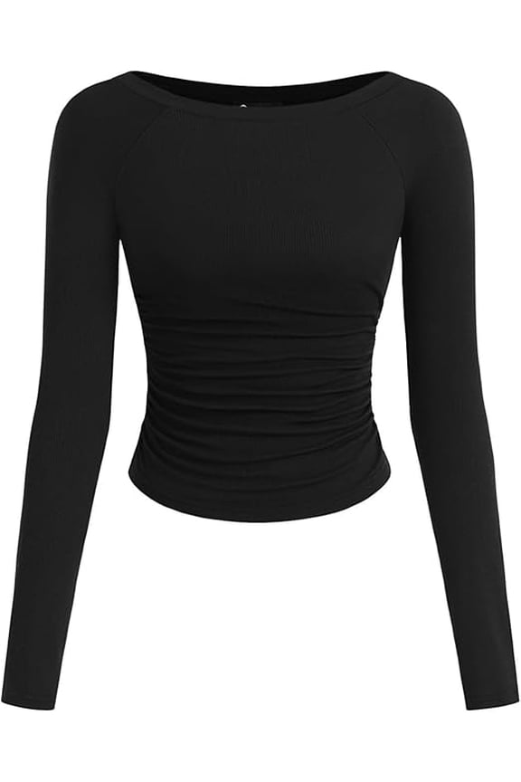 Long Sleeve Shirts for Women Fall Ruched Sides Boat Neck Basic Tee Casual Fitted Ribbed Knit Crop Tops