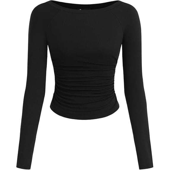 PRETTYGARDEN Long Sleeve Shirts for Women Fall Ruched Sides Boat Neck Basic Tee Casual Fitted Ribbed Knit Crop Tops