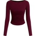 thumbnail image 1 of PRETTYGARDEN Long Sleeve Shirts for Women Fall Ruched Sides Boat Neck Basic Tee Casual Fitted Ribbed Knit Crop Tops, 1 of 6